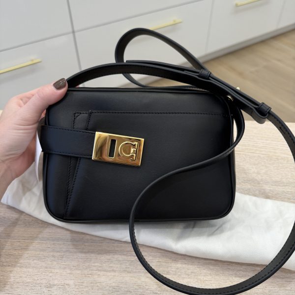 Salvatore Ferragamo Calfskin Gancio Small Archive Camera Case Black