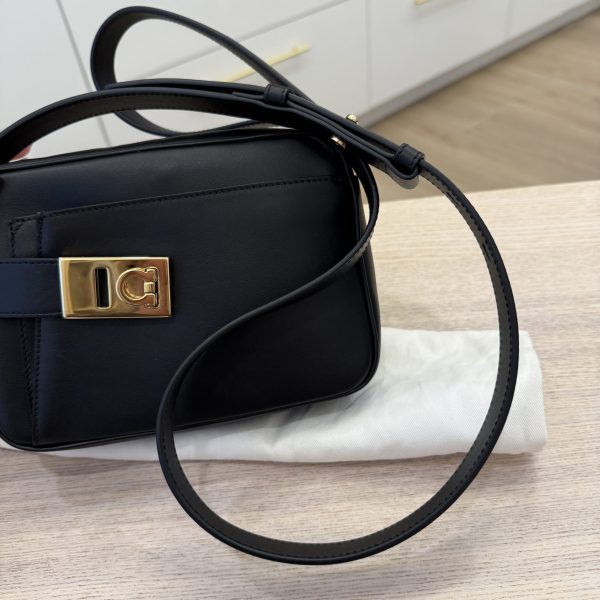 Salvatore Ferragamo Calfskin Gancio Small Archive Camera Case Black