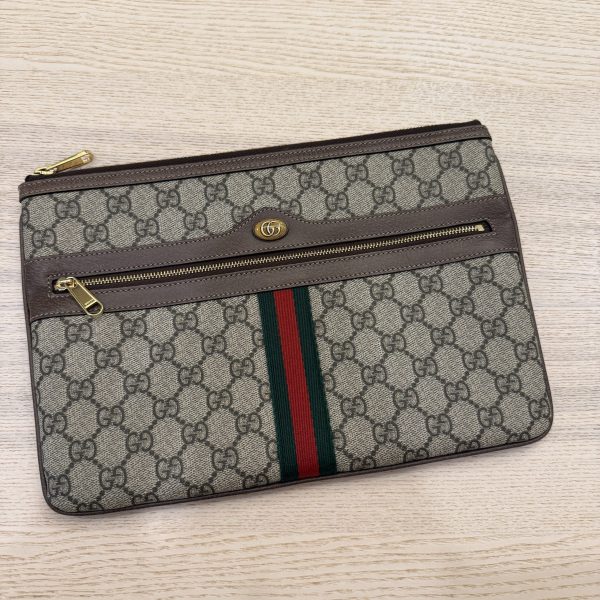 Gucci GG Supreme Monogram Large Ophidia Pouch Clutch Brown