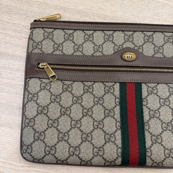 Gucci GG Supreme Monogram Large Ophidia Pouch Clutch Brown