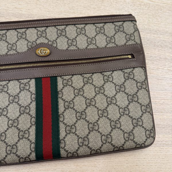 Gucci GG Supreme Monogram Large Ophidia Pouch Clutch Brown