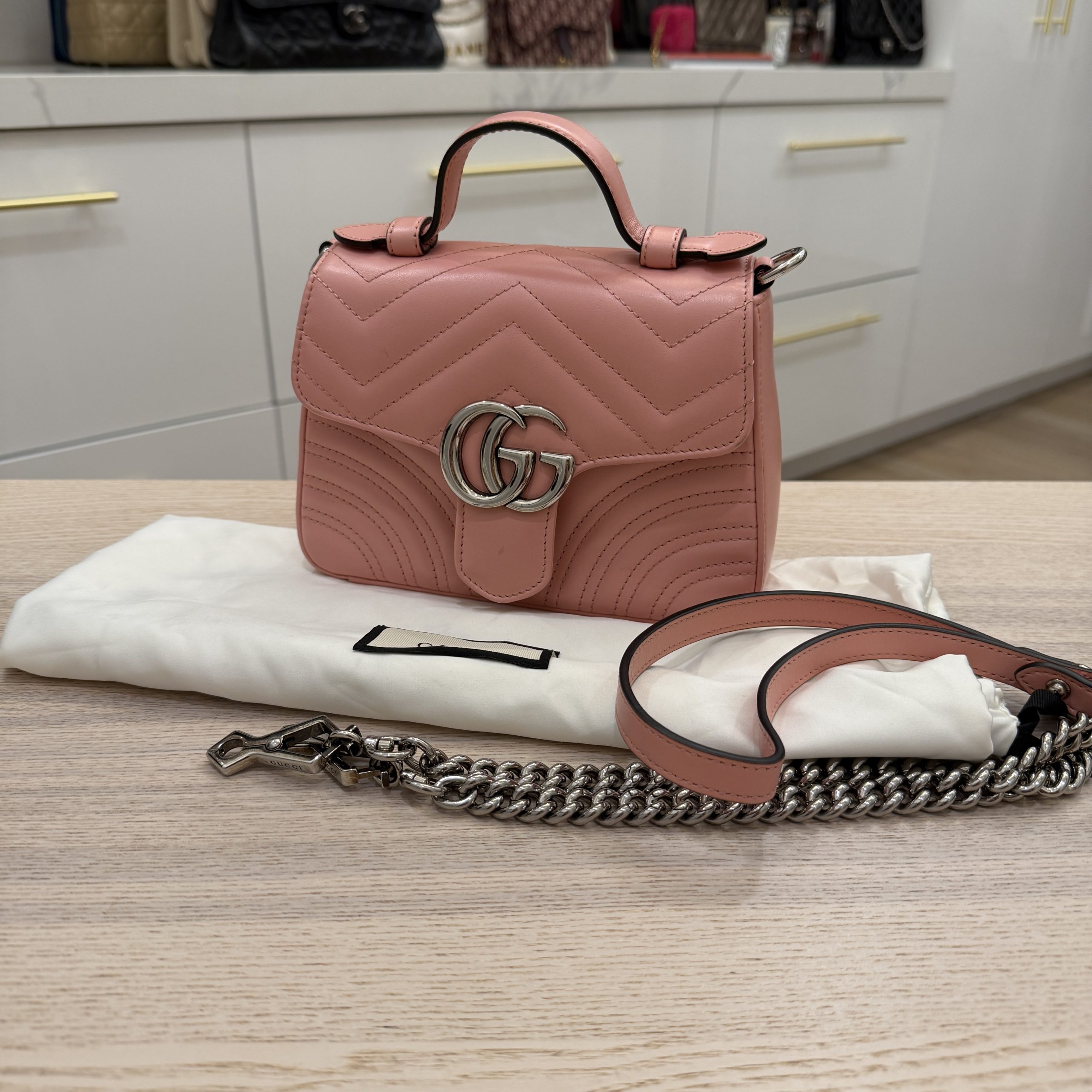 Gucci GG Marmont Small Top Handle Bag Pink Silver Hardware