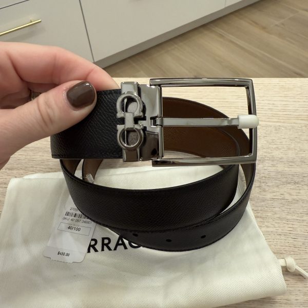 Salvatore Ferragamo Men's Textured Leather Belt with Gancini Detail with Shiny Gunmetal 40 IN / 100 Cm