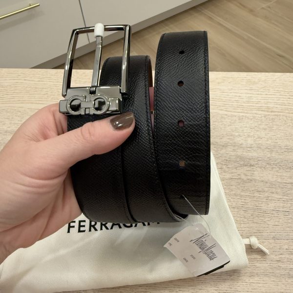 Salvatore Ferragamo Men's Textured Leather Belt with Gancini Detail with Shiny Gunmetal 40 IN / 100 Cm