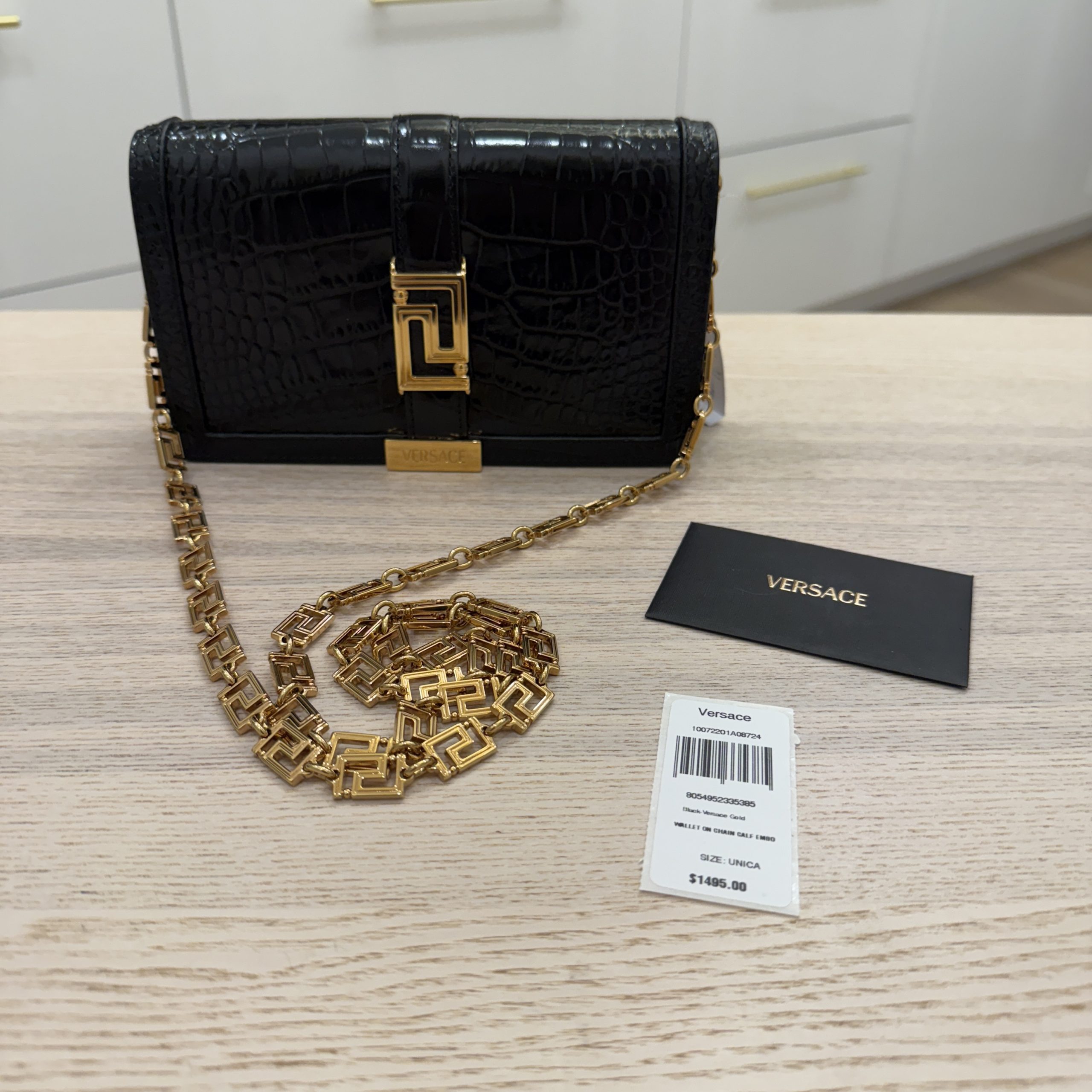 Versace Greca Goddess Croc-Embossed Wallet on Chain Black Gold Hardware