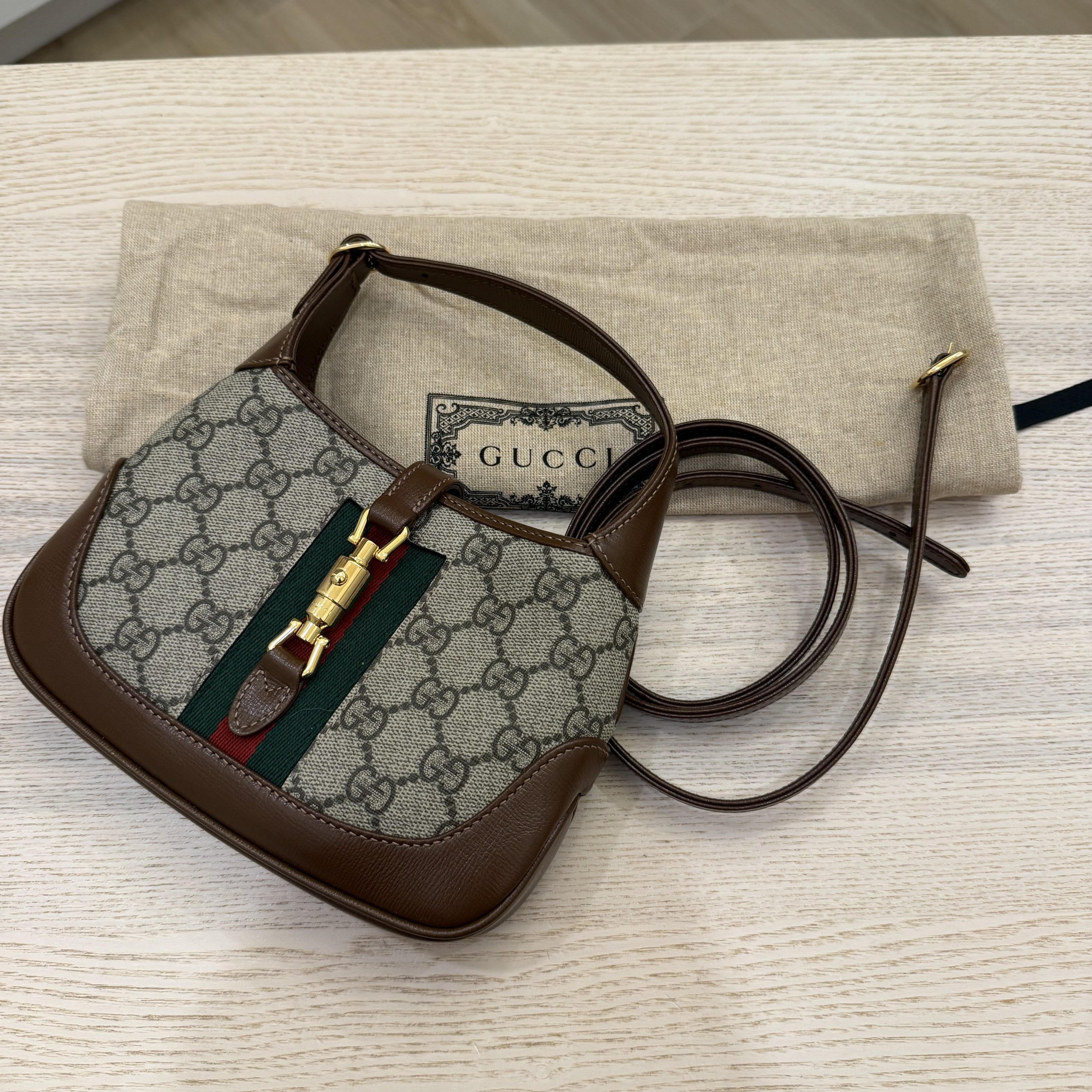 Gucci GG Supreme Monogram Azalea Calfskin Web Mini Jackie 1961 Hobo Beige Ebony Brown Sugar