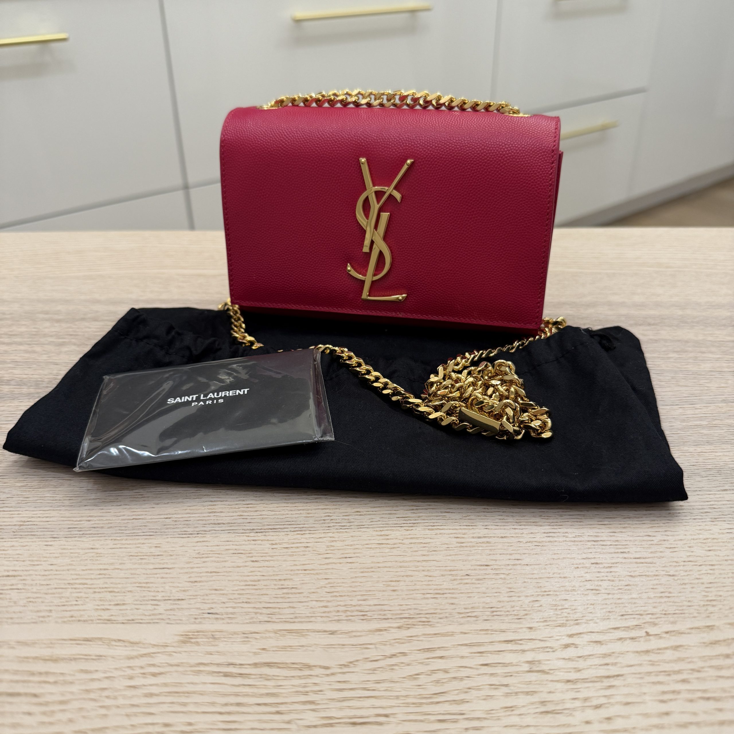 Saint Laurent (YSL) Grain De Poudre Small Monogram Kate Satchel Pink and Gold Hardware