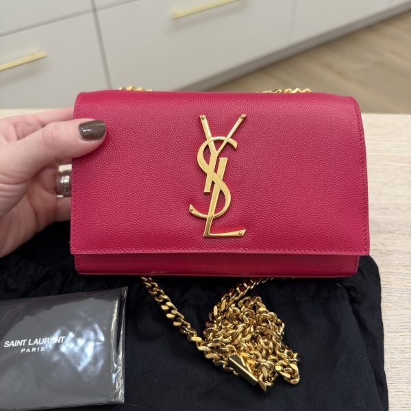Saint Laurent (YSL) Grain De Poudre Small Monogram Kate Satchel Pink and Gold Hardware