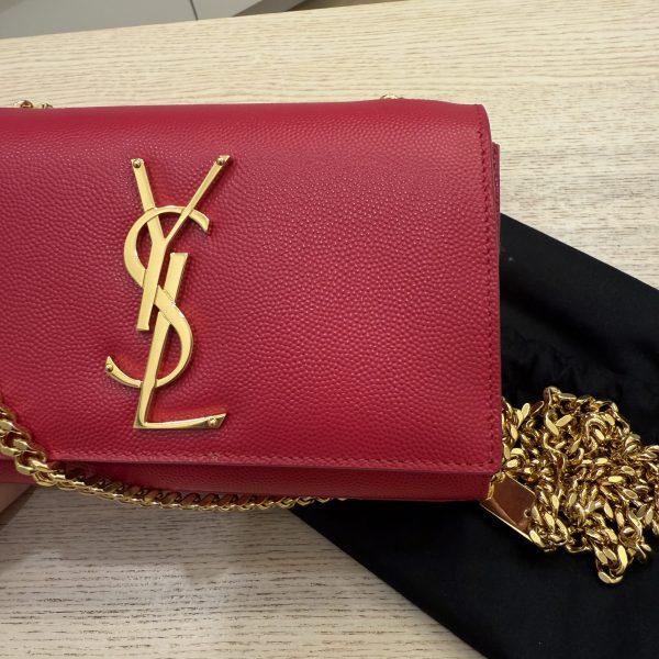 Saint Laurent (YSL) Grain De Poudre Small Monogram Kate Satchel Pink and Gold Hardware