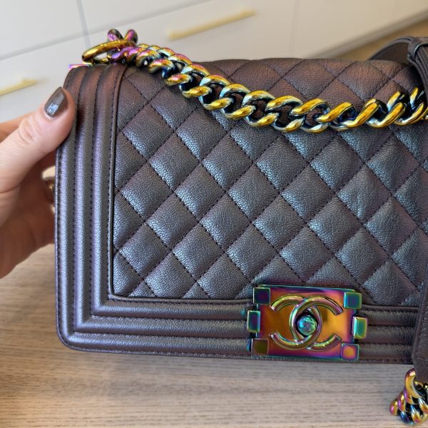 Chanel Boy Flap Bag Quilted Iridescent Goatskin Old Medium