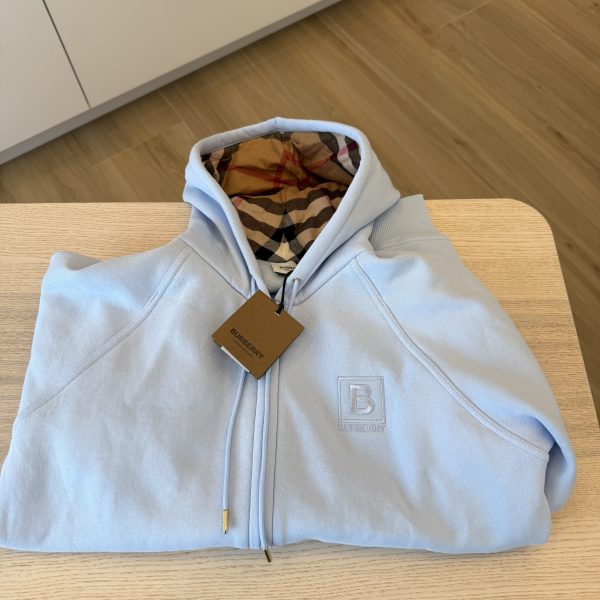 Burberry Embroidered Logo Cotton Zip-Up Hoodie in Blue