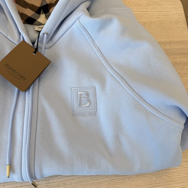 Burberry Embroidered Logo Cotton Zip-Up Hoodie in Blue
