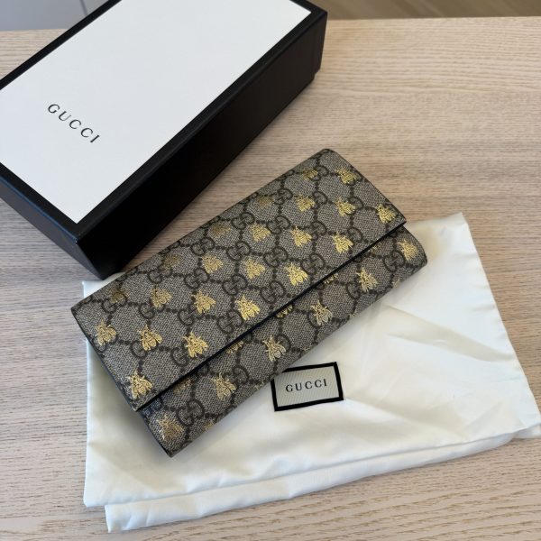 Gucci GG Supreme Monogram Bees Continental Wallet Beige Oro Black