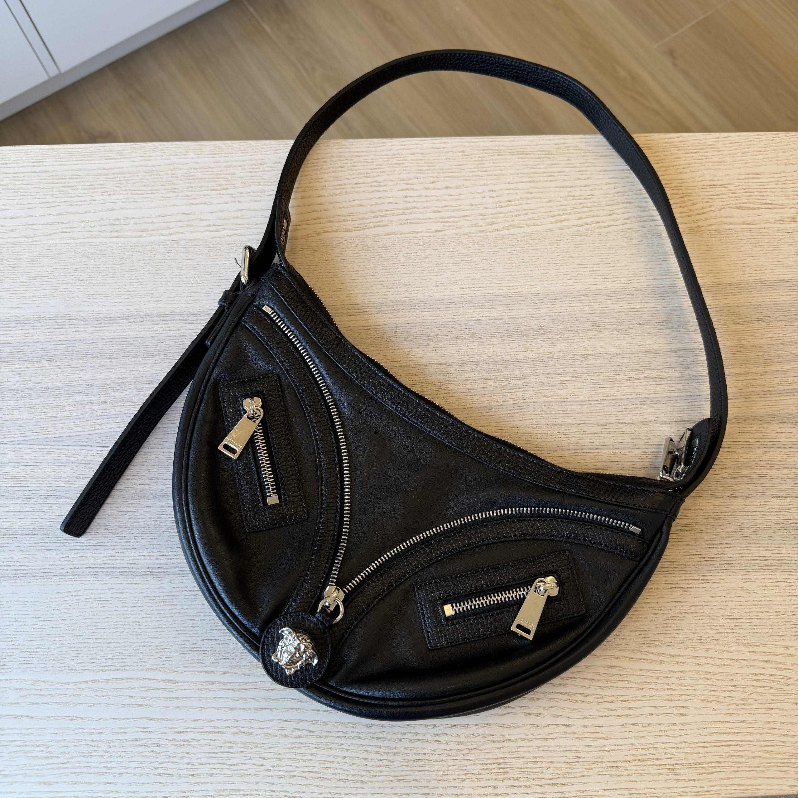 Versace Calfskin Small Repeat Zip Hobo Black