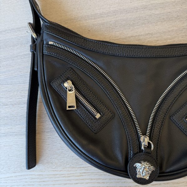 Versace Calfskin Small Repeat Zip Hobo Black