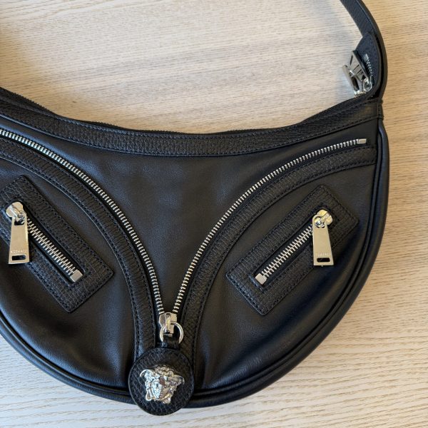 Versace Calfskin Small Repeat Zip Hobo Black