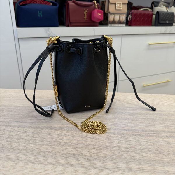 Chloe Marcie Micro Bucket Bag in Leather with Chain Strap Black