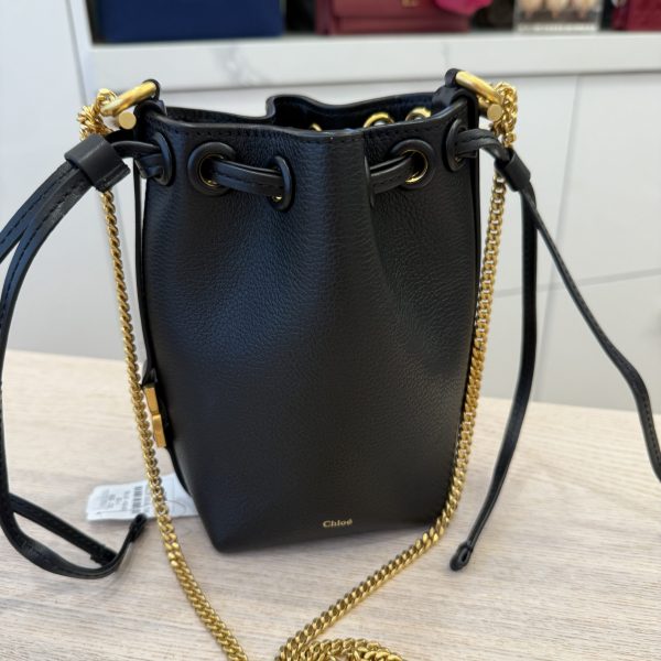Chloe Marcie Micro Bucket Bag in Leather with Chain Strap Black