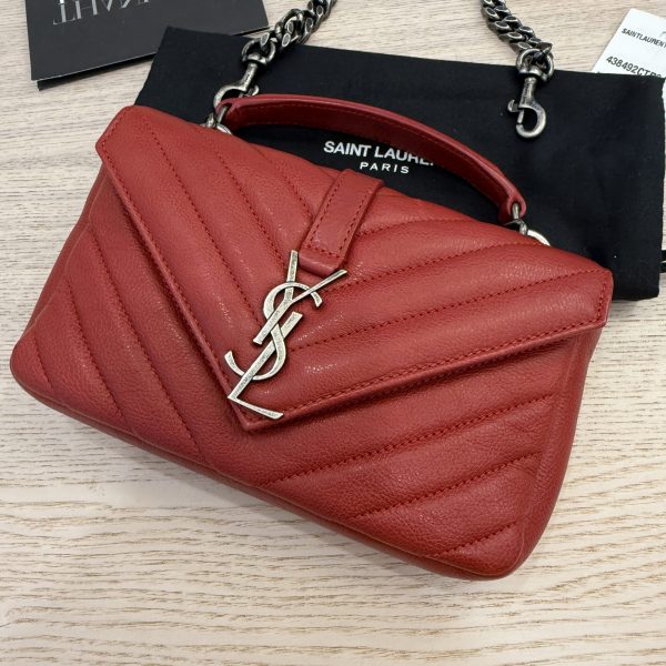 Saint Laurent (YSL) Sheepskin Matelasse Chevron Monogram College Chain Wallet New Red