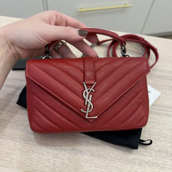 Saint Laurent (YSL) Sheepskin Matelasse Chevron Monogram College Chain Wallet New Red