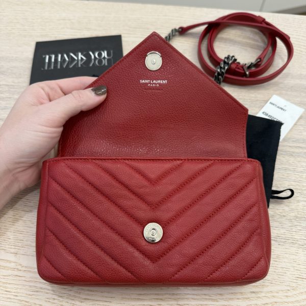Saint Laurent (YSL) Sheepskin Matelasse Chevron Monogram College Chain Wallet New Red