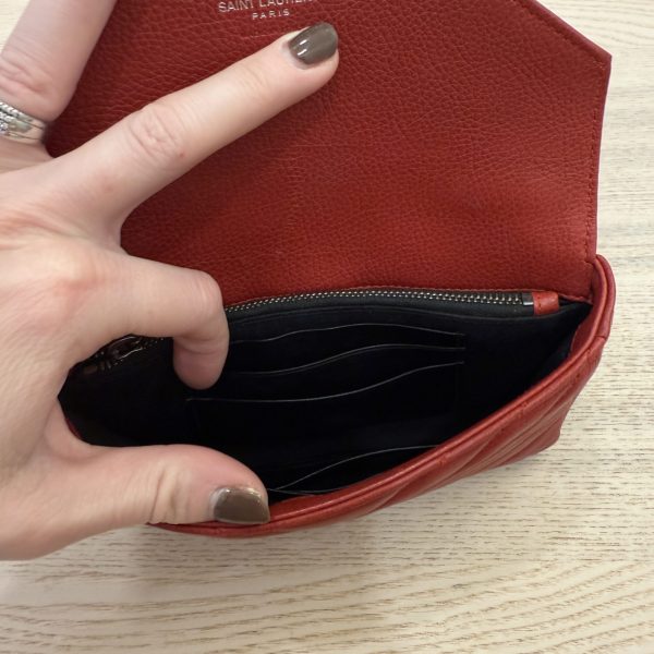 Saint Laurent (YSL) Sheepskin Matelasse Chevron Monogram College Chain Wallet New Red