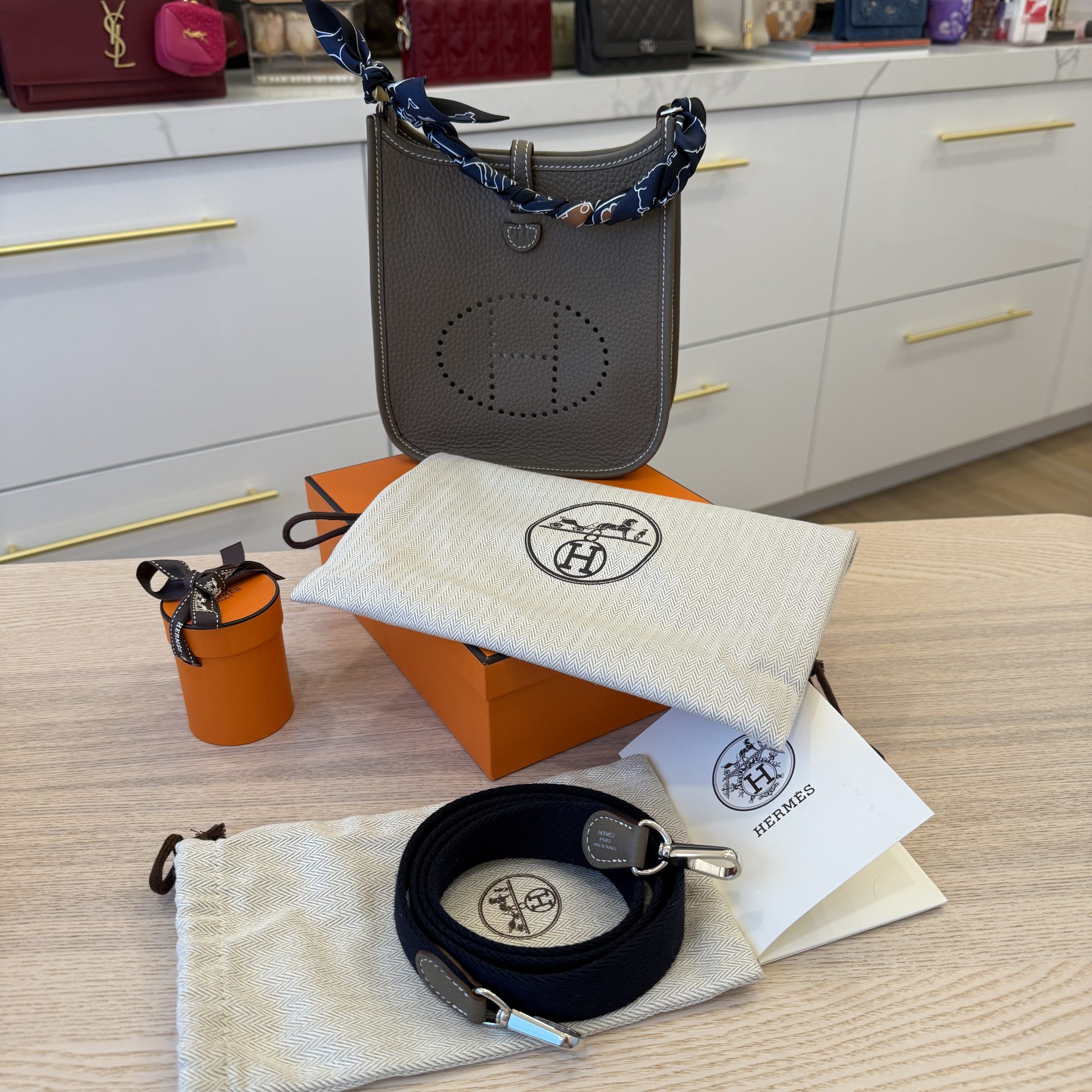 Hermes Taurillon Clemence Amazone Evelyne TPM Etoupe Bleu Indigo with Hermes Twilly