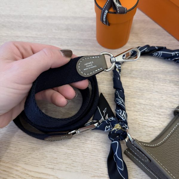 Hermes Taurillon Clemence Amazone Evelyne TPM Etoupe Bleu Indigo with Hermes Twilly