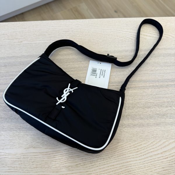 SAINT LAURENT Le 5 a 7 Hobo Nylon Small Black and White Hardware