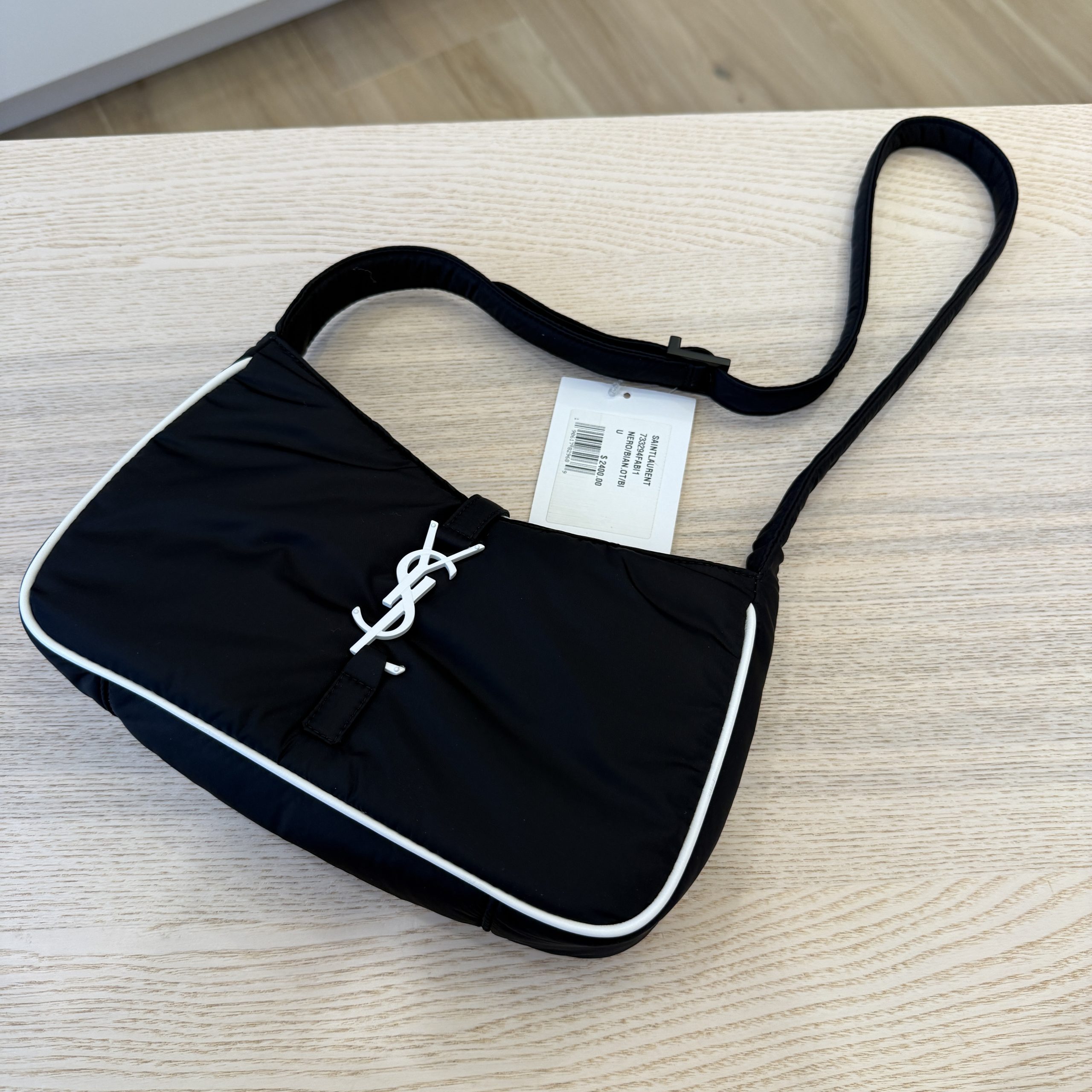 SAINT LAURENT Le 5 a 7 Hobo Nylon Small Black and White Hardware