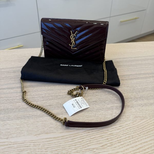 Saint Laurent Envelope Quilted Patent Leather Chain Wallet Dark Red Wine and Gold Hardware