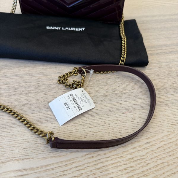 Saint Laurent Envelope Quilted Patent Leather Chain Wallet Dark Red Wine and Gold Hardware