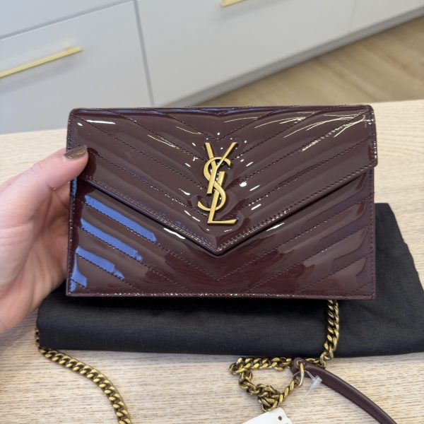Saint Laurent Envelope Quilted Patent Leather Chain Wallet Dark Red Wine and Gold Hardware