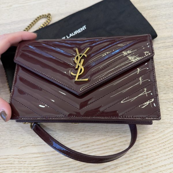 Saint Laurent Envelope Quilted Patent Leather Chain Wallet Dark Red Wine and Gold Hardware