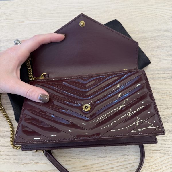 Saint Laurent Envelope Quilted Patent Leather Chain Wallet Dark Red Wine and Gold Hardware