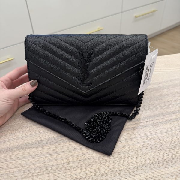 Saint Laurent Envelope Quilted Leather Chain Wallet Black and Black Hardware