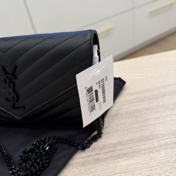 Saint Laurent Envelope Quilted Leather Chain Wallet Black and Black Hardware
