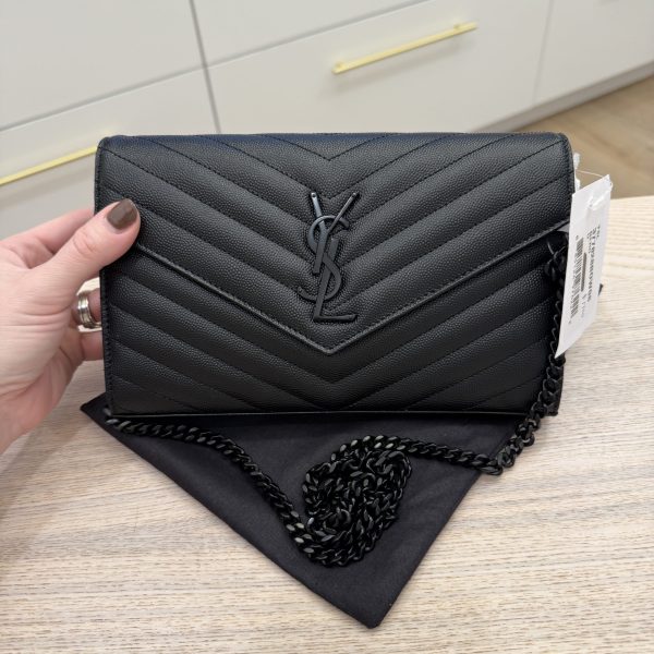 Saint Laurent Envelope Quilted Leather Chain Wallet Black and Black Hardware