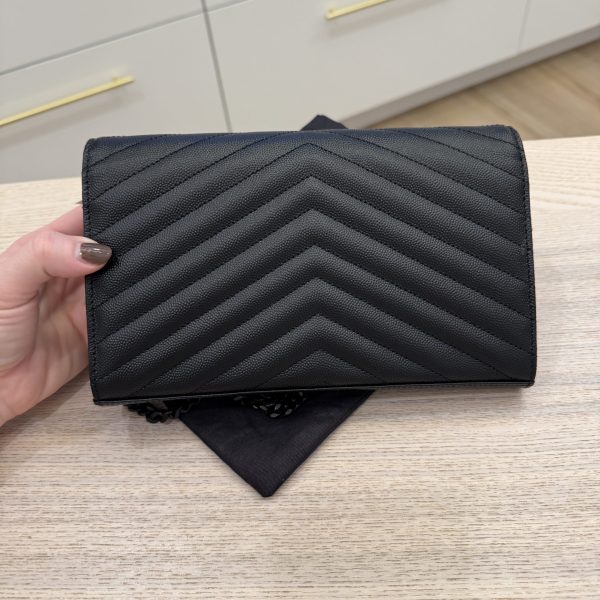 Saint Laurent Envelope Quilted Leather Chain Wallet Black and Black Hardware