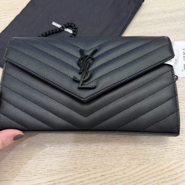 Saint Laurent Envelope Quilted Leather Chain Wallet Black and Black Hardware