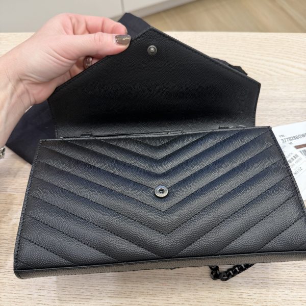 Saint Laurent Envelope Quilted Leather Chain Wallet Black and Black Hardware