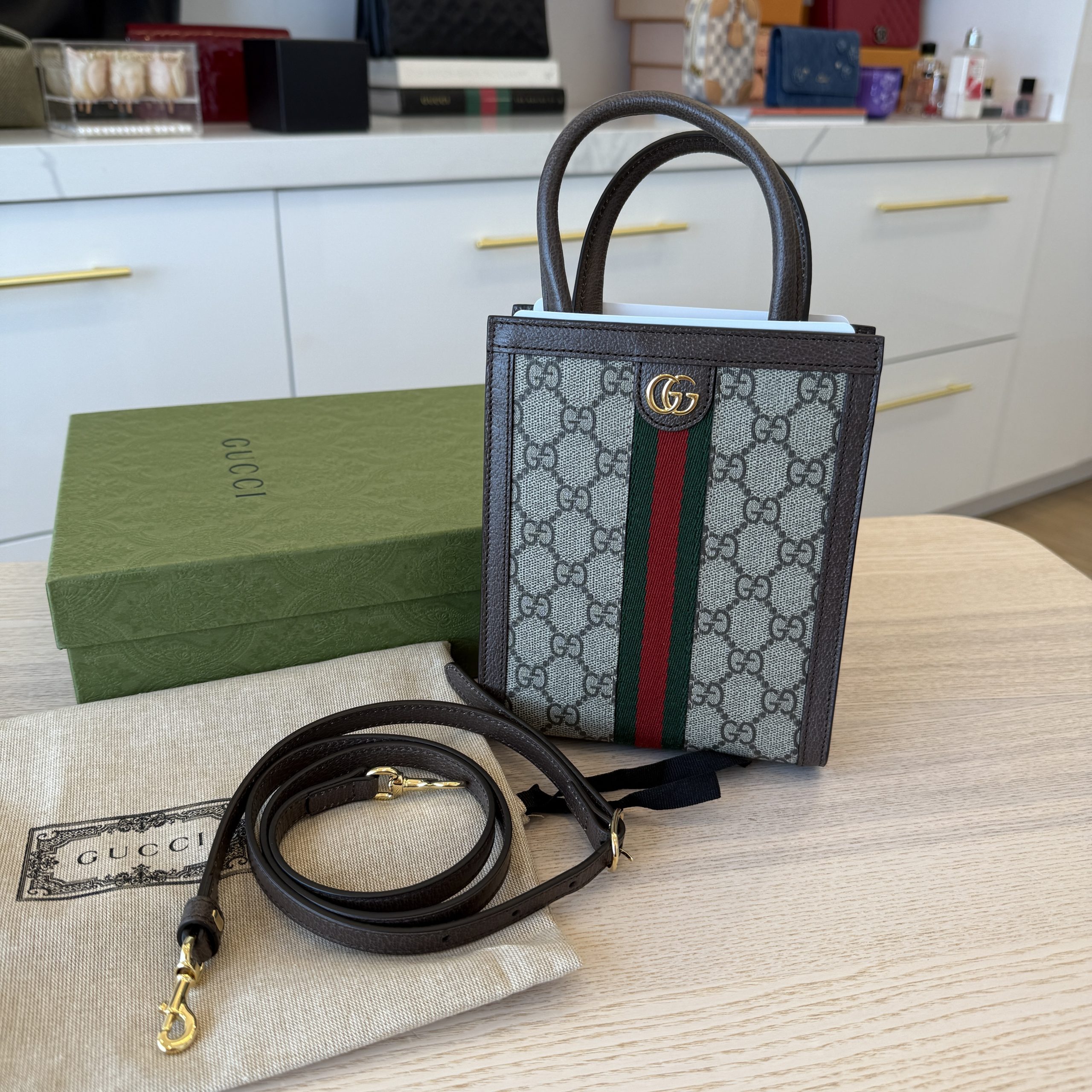 Gucci GG Supreme Monogram Web Ophidia Mini Vertical Tote Brown