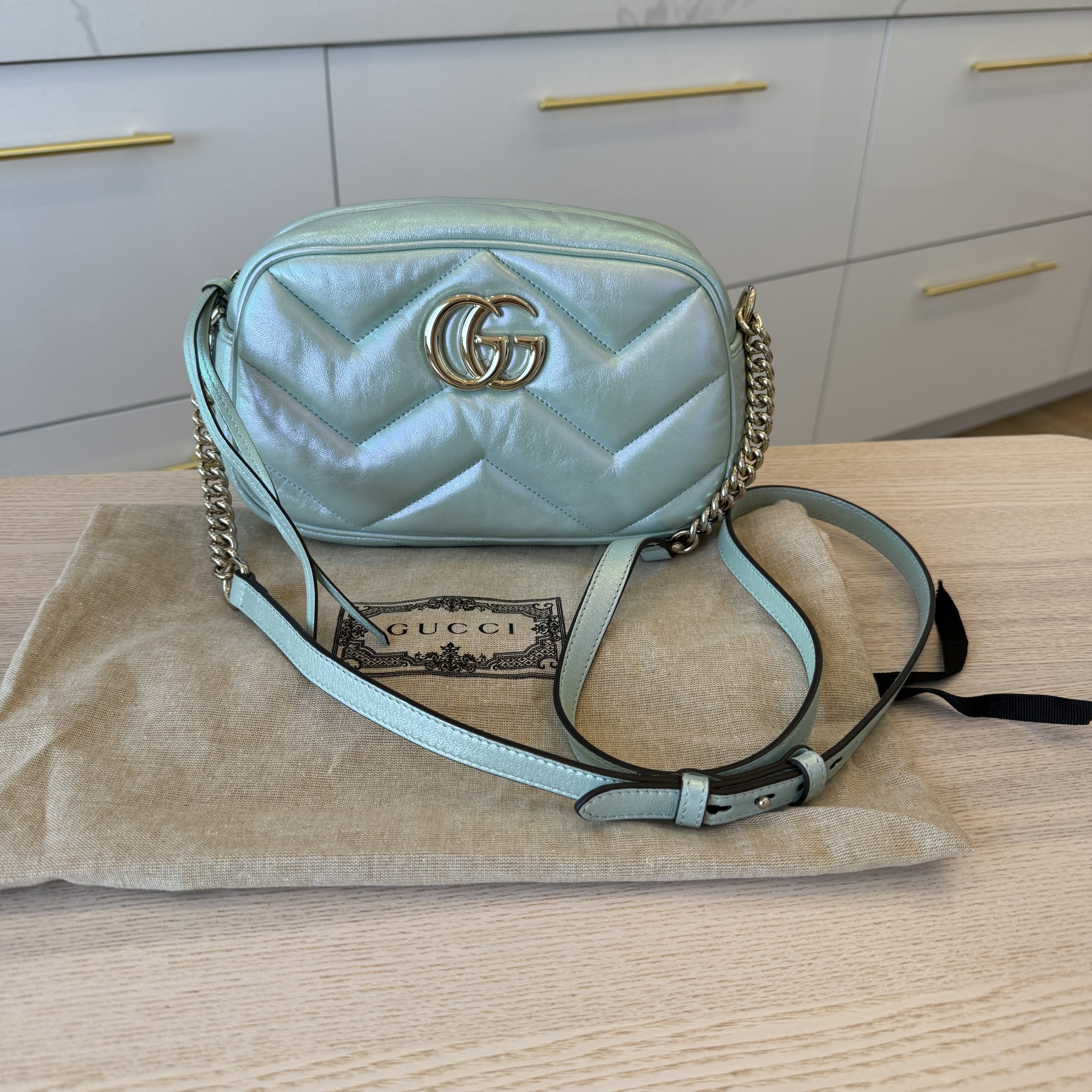 Gucci Iridescent Nappa Chevron Matelasse Small GG Marmont Chain Shoulder Bag Iridescent