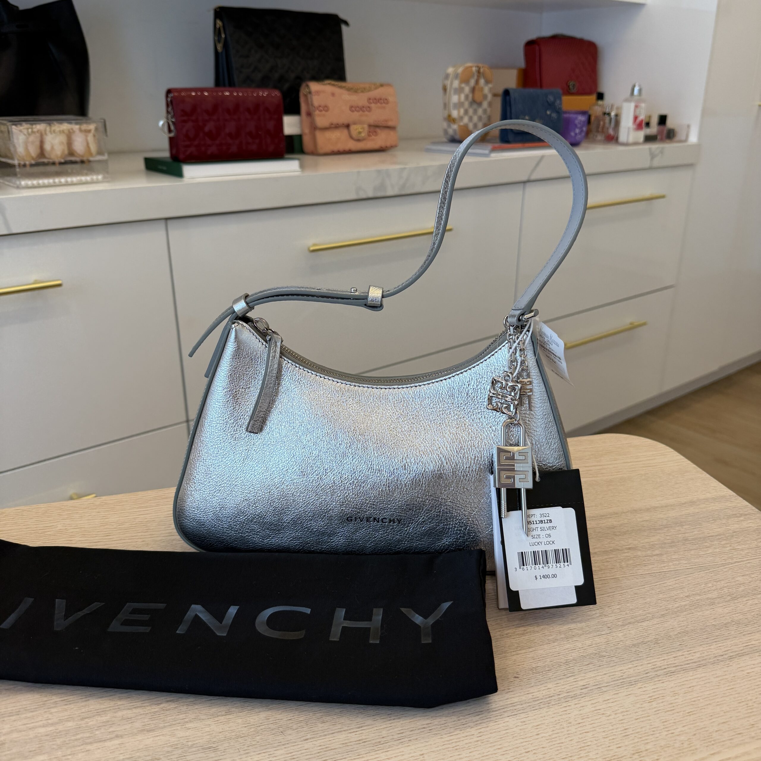Givenchy Lucky Lock Small Embellished Glossed Textured-Leather Shoulder Bag Light Silvery