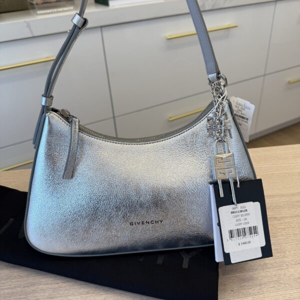 Givenchy Lucky Lock Small Embellished Glossed Textured-Leather Shoulder Bag Light Silvery