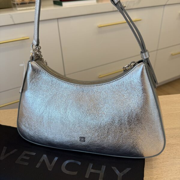 Givenchy Lucky Lock Small Embellished Glossed Textured-Leather Shoulder Bag Light Silvery