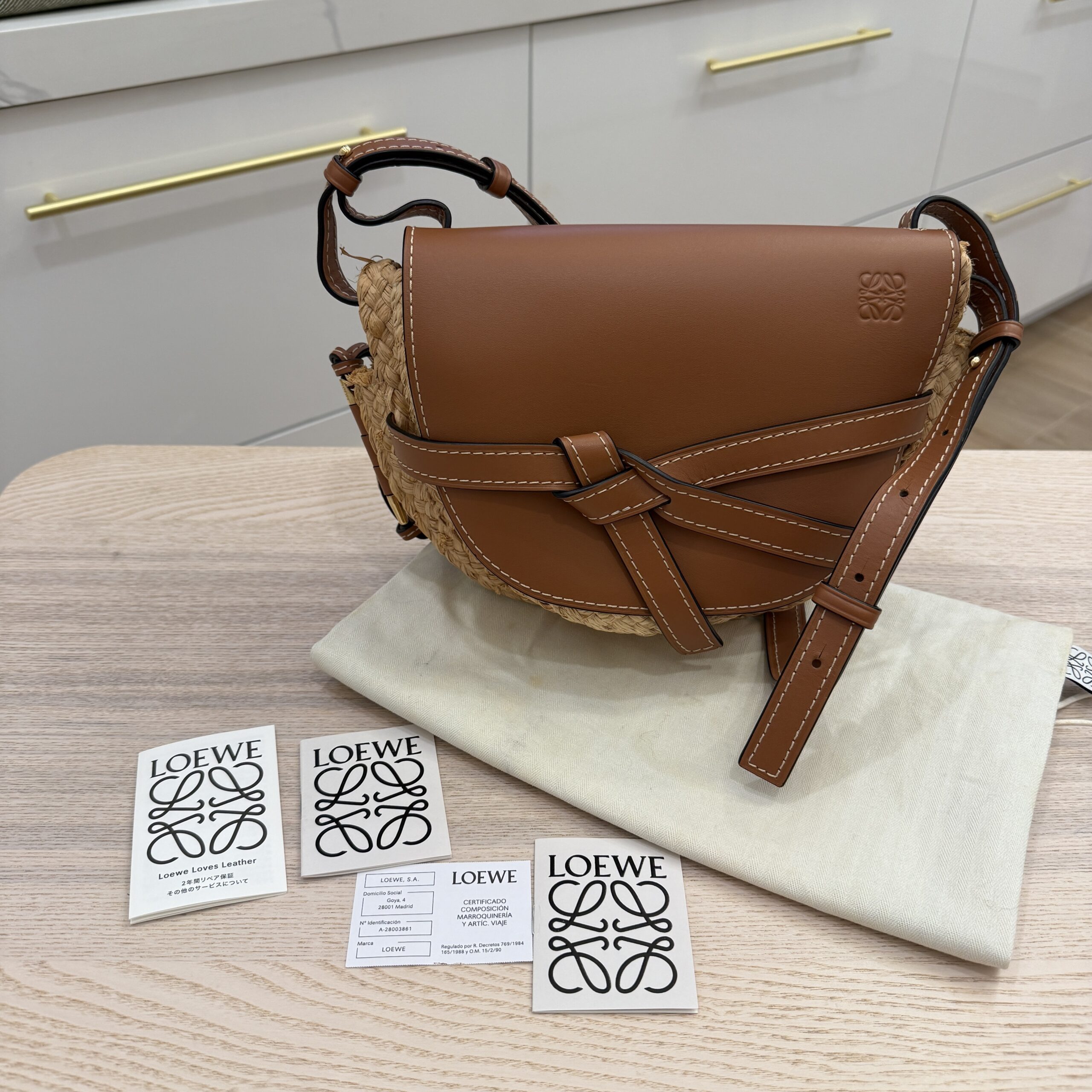 Loewe Calfskin Small Gate Crossbody Bag Raffia Tan