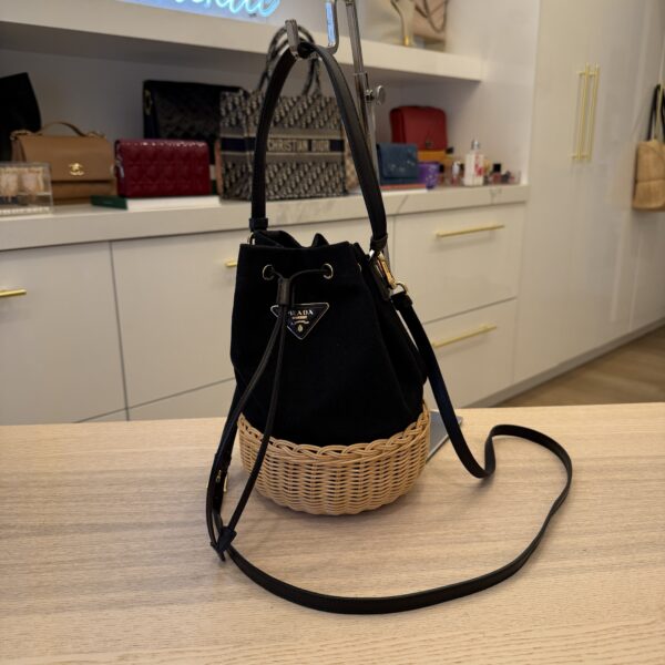 Prada Wicker Canvas Bucket Bag Black