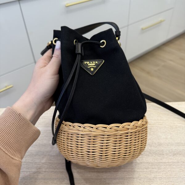 Prada Wicker Canvas Bucket Bag Black