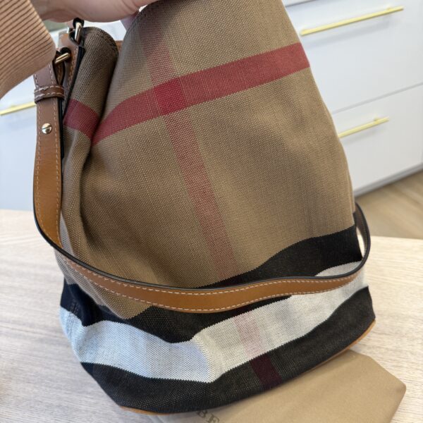 Burberry Canvas Mega Check Medium Ashby Hobo Saddle Brown